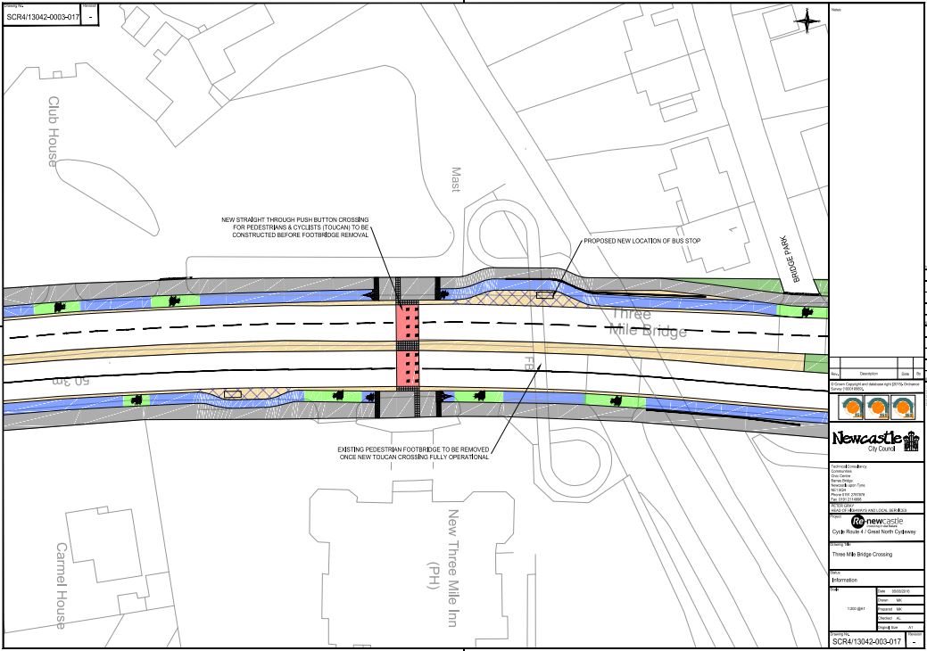 Plan for Toucan crossing at 3 Mile Inn showing crossing point beside footbridge