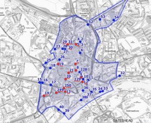 A map of the City Centre Air Quality Management Area. The City Centre AQMA includes parts of Jesmond around Jesmond Road.