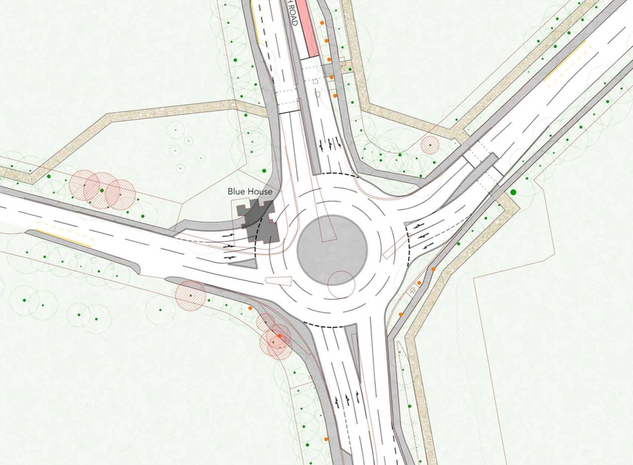 Planning drawing showing roundabout with three vehicle lanes going around it and requiring the demolition of the Blue House.