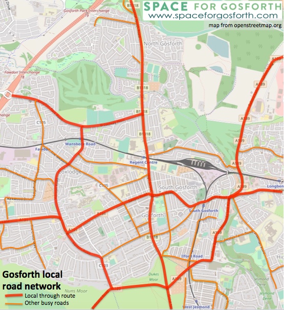 Map showing Gosforth's main through roads including the A191, B1318 Great North Road, Broadway, Grandstand Road to Haddricks Mill Road and Kenton Lane / Kenton Road. Other busy streets are shown separately in orange.