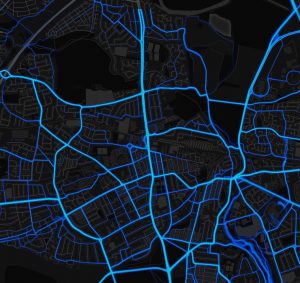 A Strava heat map showing where people registered on Strava cycle. The routes used are very similar to those for vehicle traffic.