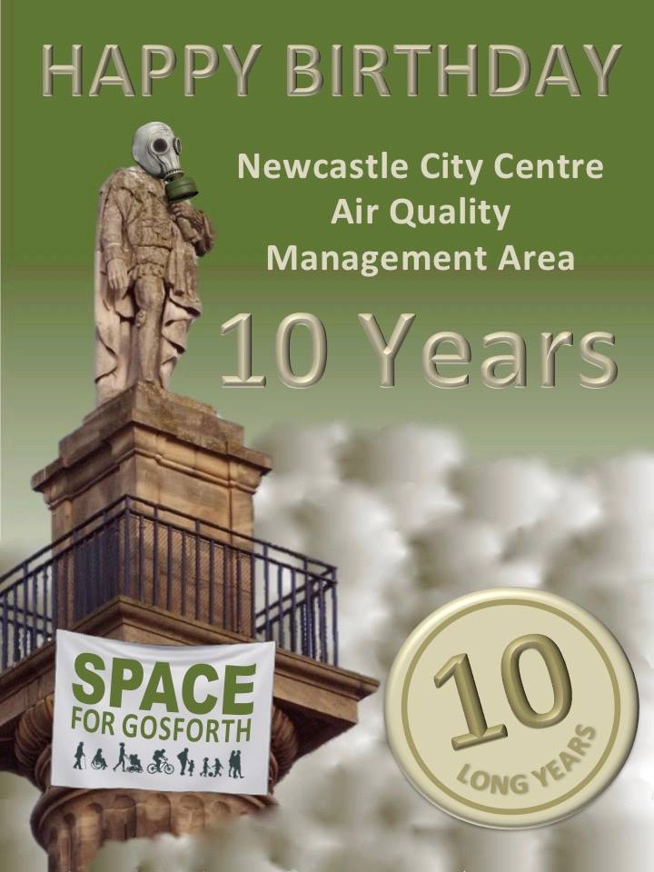 Image of the statue of Earl Grey on Newcastle's Monument wearing a gas mask