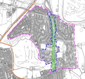 Map of north Gosforth showing which properties received letters about the scheme (Melbury, Brunton Park and Melton Park) and properties near the GNR where letters were sent about the final consultation stage.
