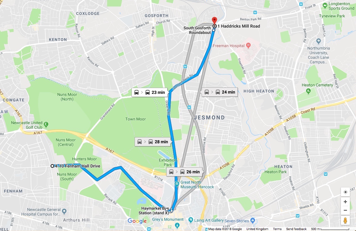 Map showing bus routes from Fenham to Haddricks Mill roundabout via Newcastle city centre