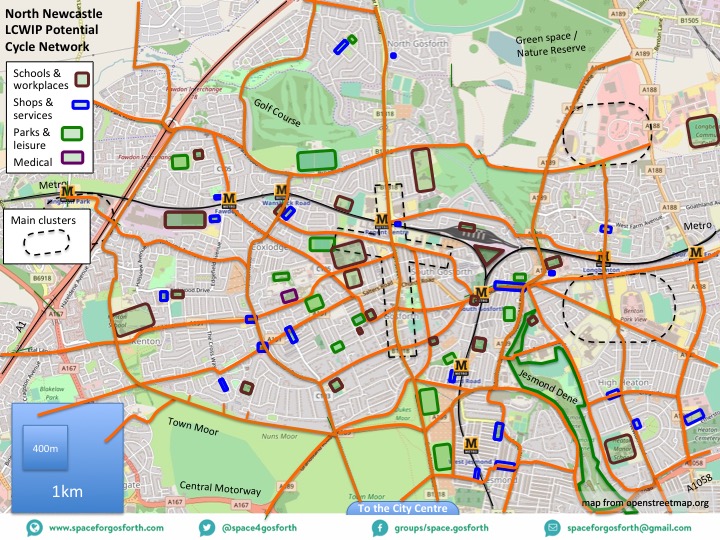 Map of North Newcastle showing a potential cycle network