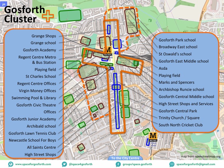Map of central Gosforth showing destinations on and close to Gosforth High Street.
