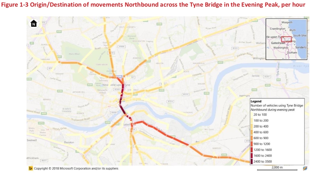 Map showing vehicle flows for vehicles using the Tyne Bridge northbound during the evening peak.