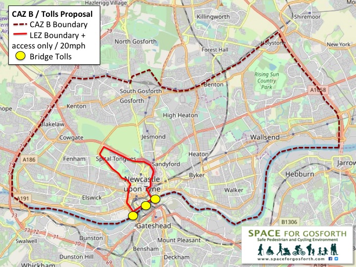 Map of Newcastle showing proposed CAZ B / LEZ boundaries