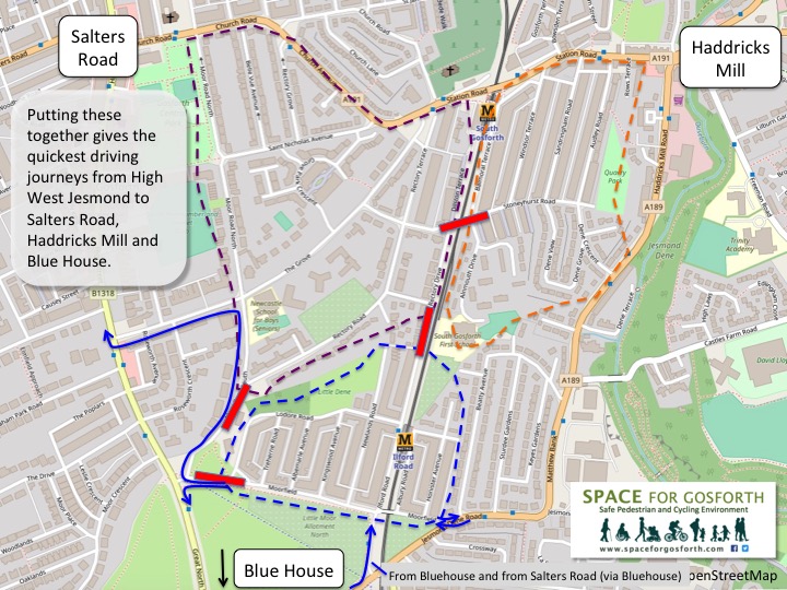 Map showing the quickest vehicle routes to and from High West Jesmond