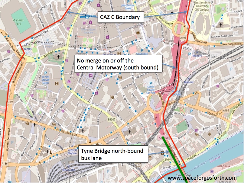Map showing the location of the Tyne Bridge bus lane and CME restrictions.