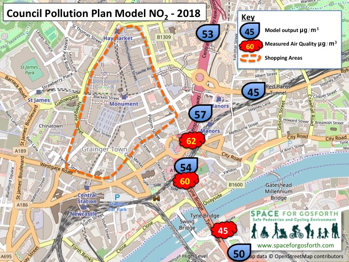 Map of the Central Motorway showing measured and modelled air quality measurements.