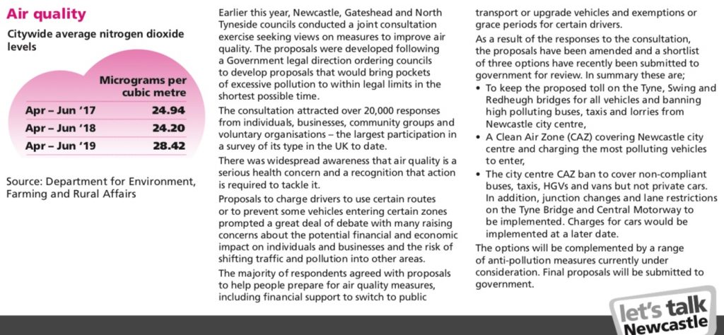 Table showing DEFRA average air pollution figures for Newcastle with 2019 worse than 2017 or 2018
