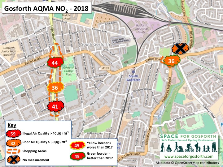 Map of the Gosforth Air Quality management area showing 2018 pollution measurements