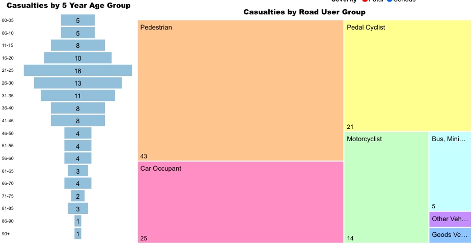 Diagram showing serious injuries and deaths split by 5 year age group and road user group.