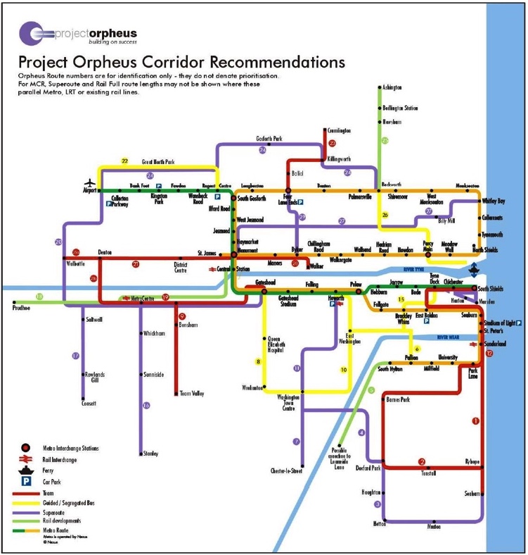 A route map for the Project Orpheus public transport proposals.
