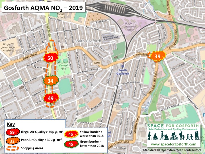 Map showing illegal levels of air quality in 2019 in Gosforth