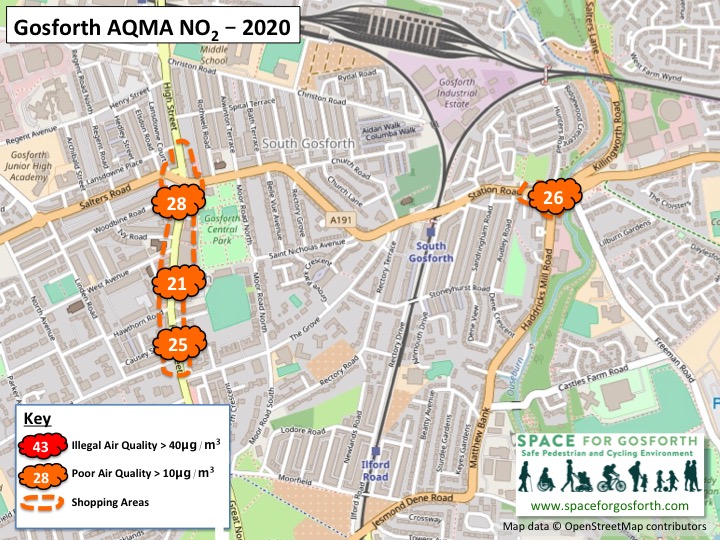 Map showing pollution readings north of the city near Gosforth. No readings were above the legal limit in 2020.