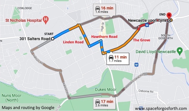 Map showing a driving route recommended by Google Maps.