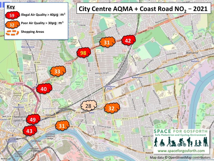 Map of Central Motorway and The Coast Road showing locations of air pollution readings. 