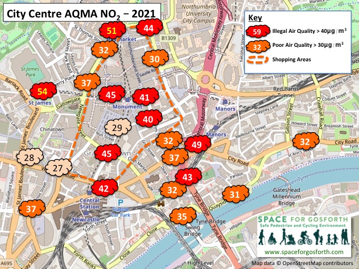 Map of Newcastle City Centre showing locations of air pollution readings. 