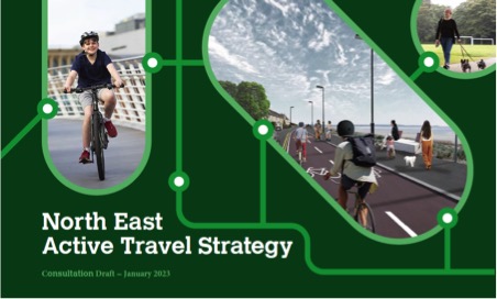 Cover of the NE Active Travel Strategy showing people cycling and walking