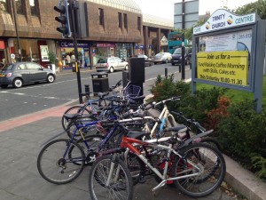 This image shows a full bike rack on Gosforth High Street to indicate the increasing demand for cycling.