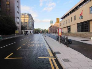 This image shows the new cycle route on John Dobson Street, Newcastle upon Tyne