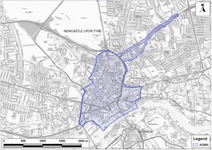 map of Newcastle City Centre AQMA which extends along the Coast Road through Jesmond to Heaton