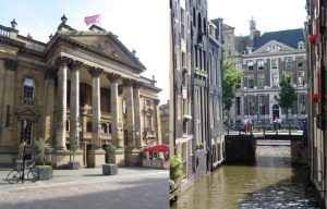 The left half of the image is Newcastle's Theatre Royal and the right half shows an Amsterdam building also in a classical style