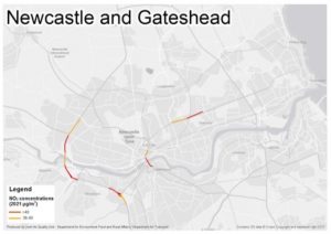 Map showing the Tyne Bridge, the A1 and the Coast Road, where Defra have ordered a reduction in emissions