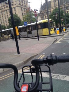 Picture of a tram in central Manchester