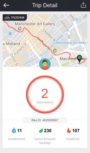 Screenshot showing the route I had cycled, time taken, CO2 and calories burned.