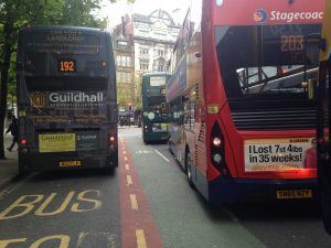 Picture showing a bike lane going in between two buses.