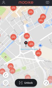 Map showing locations of Mobikes near Manchester Piccadilly Station