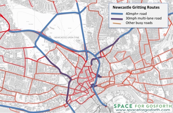 The Newcastle gritting route map with 40+ mph and multi-lane routes highlighted.