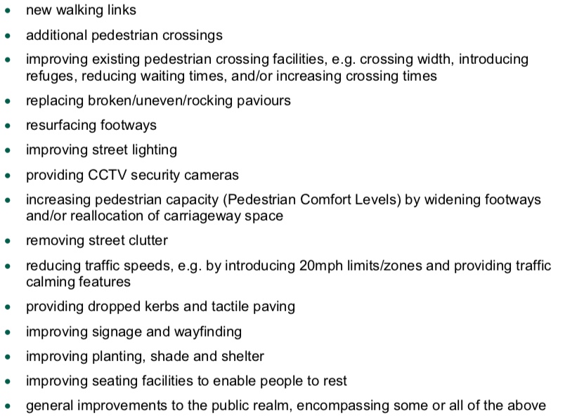 List of potential improvements for walking from the LCWIP technical guidance