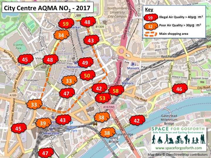 Map of Newcastle city centre showing locations with illegal air pollution in 2017