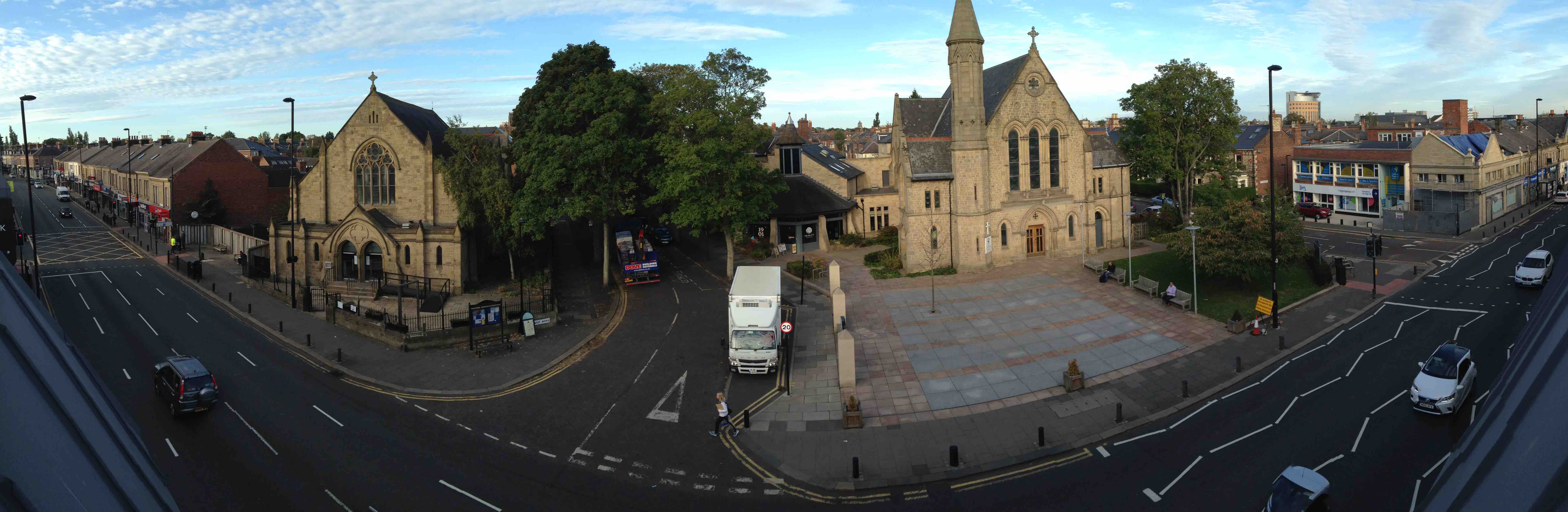 Picture of Gosforth High Street showing Trinity Church