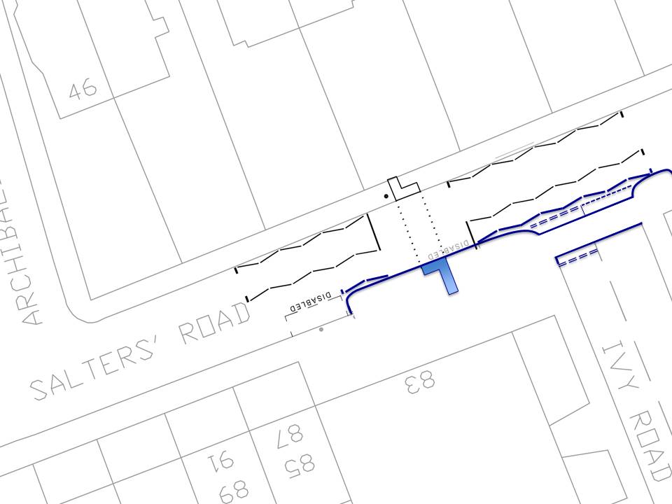 Plan showing build out of pavement at the crossing point on Salters road and a continuous pavement across Ivy Road.