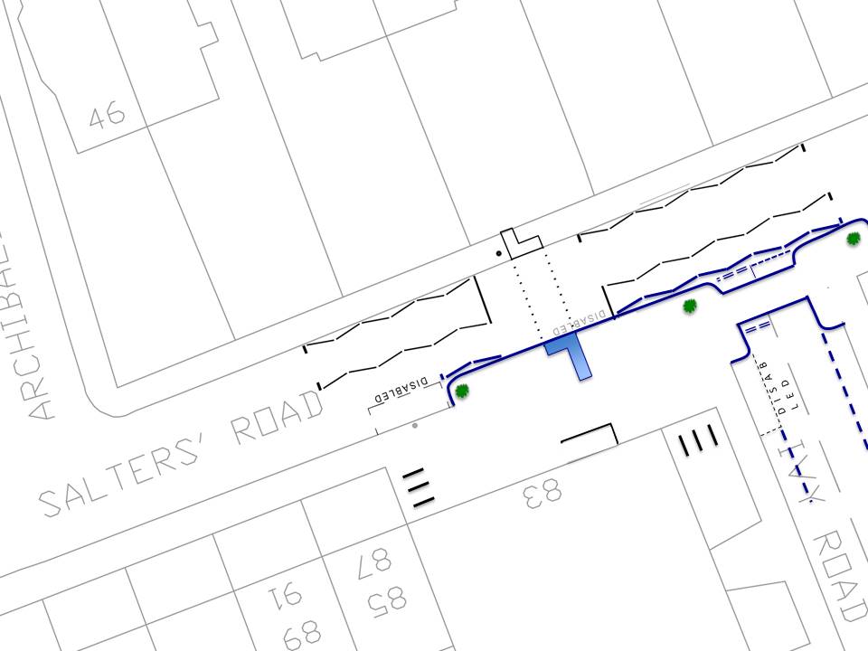 Plan showing build out of pavement at the crossing point on Salters road and a continuous pavement across Ivy Road. With the addition of some planters for greenery close to the road.