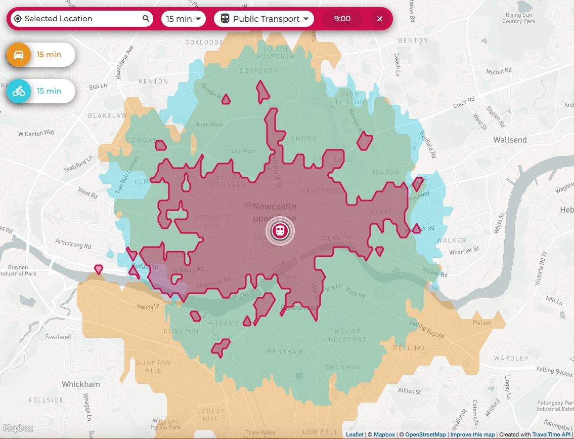 Map showing where you can travel from and arrive at Monument in 15 minutes, by car, cycle and public transport.