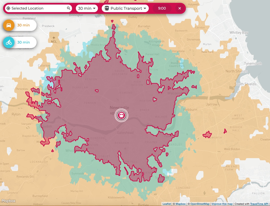 Map showing where you can travel from and arrive at Monument in 30 minutes, by car, cycle and public transport.