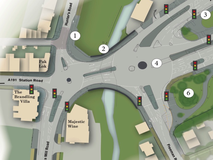 Plan of the junction showing changes to the centre circles and traffic islands.