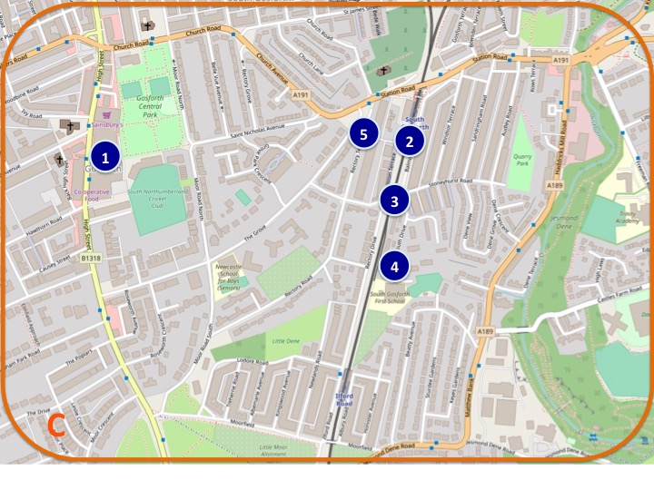 Map showing the area east of Gosforth High Street