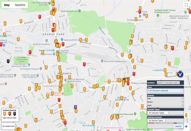 Map of collisions with injuries covering Gosforth, showing high numbers of collisions on the Great North Road.