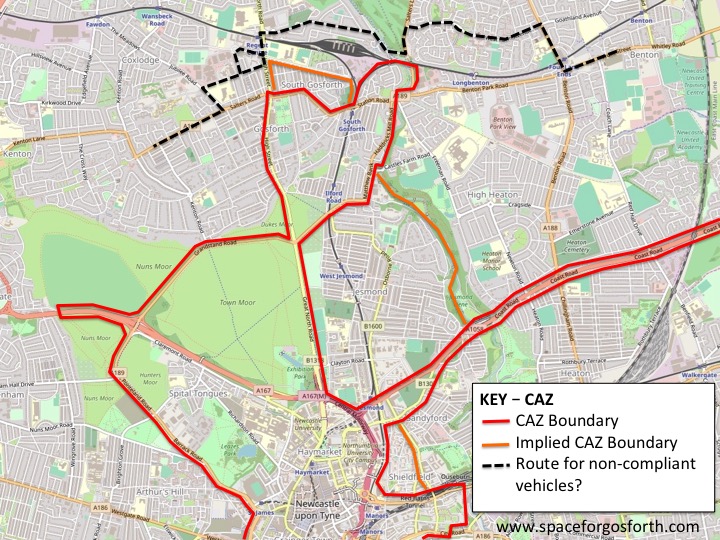 Map showing the Council's proposed CAZ and the most likely route for non-compliant vehicles