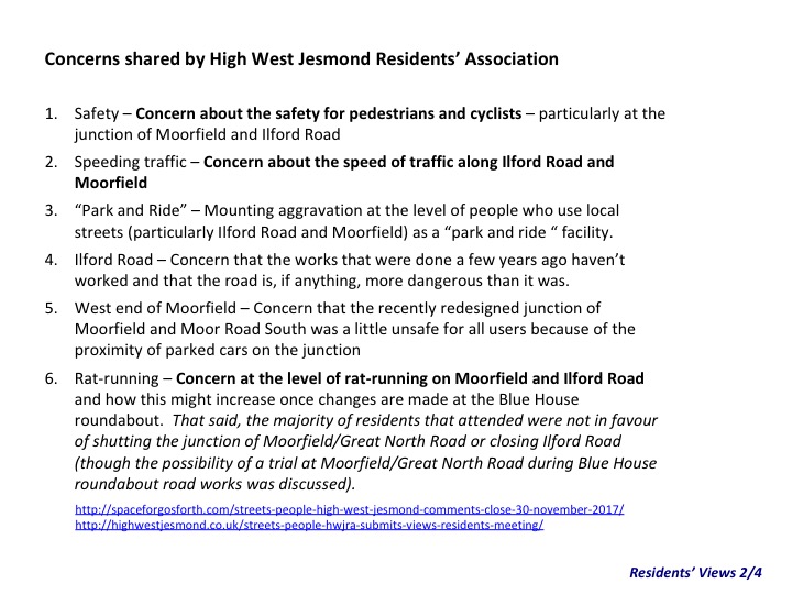 A list of concerns from the High West Jesmond Residents including safety, speeding traffic and rat-running.