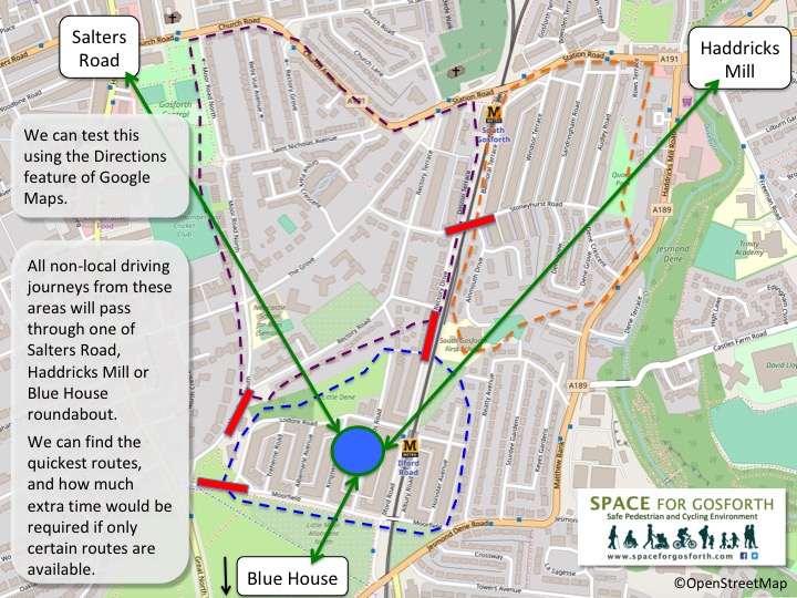 Map showing that all routes to or from High West Jesmond pass through one of three local junctions.