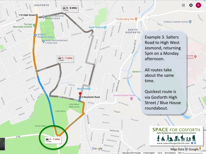 Screenshot of Google Maps showing car routes from Salters Road to High West Jesmond