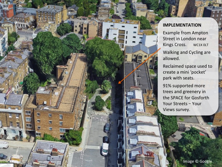 Picture of part of a street turned into a garden on Ampton Street, London. 